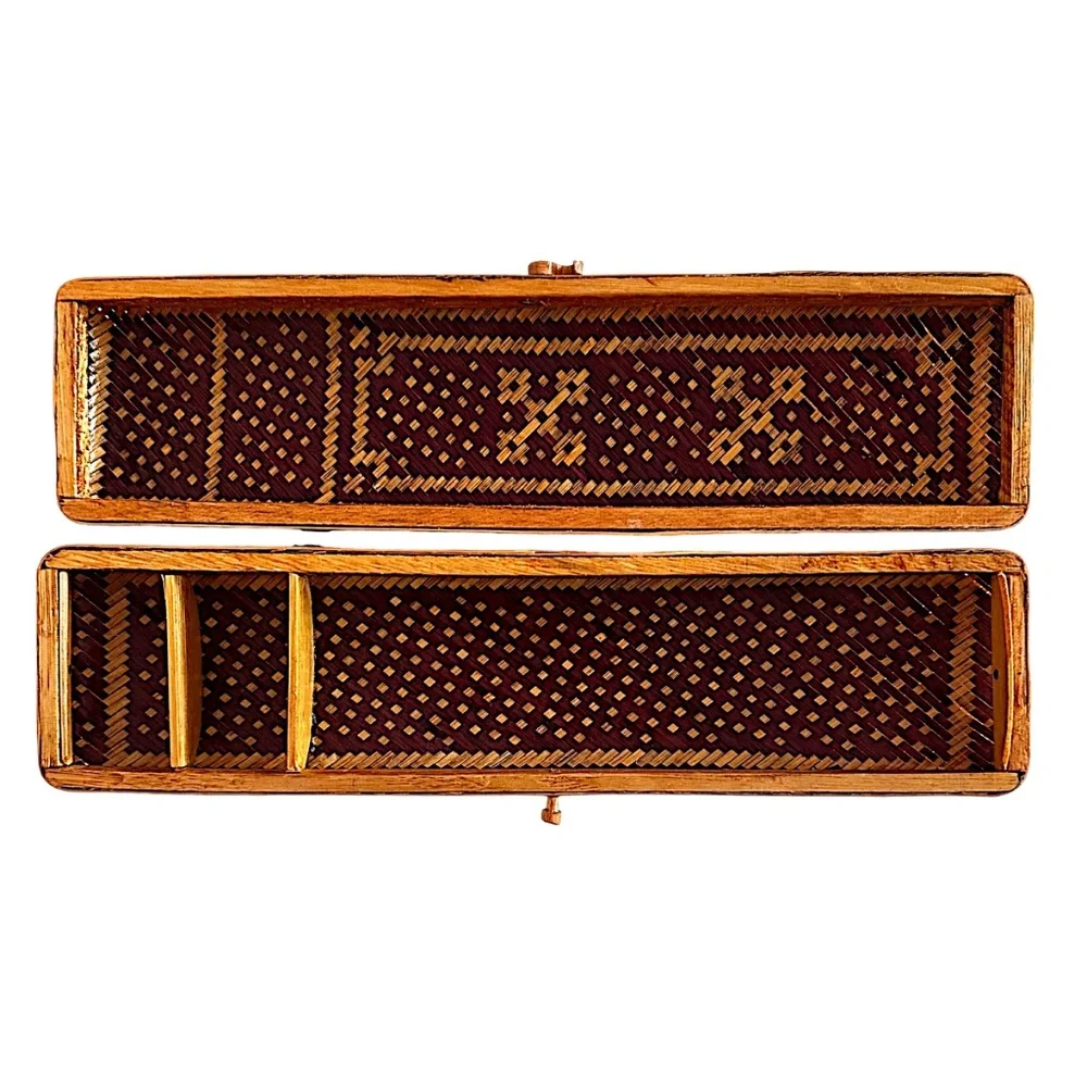 Hand Woven Natural Rattan Grass Pencil Box Pair 10 1/2”x 2 3/4”